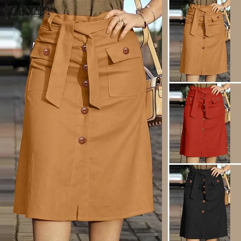 ZANZEA Cargo Skirts Elegant Women Evangelical Faldas Mujer Office Lady High Waist Saias Summer 2024 Casual Buttons Up Jupes