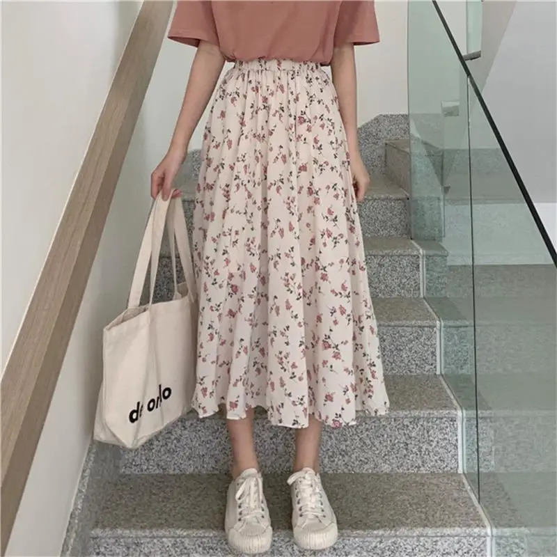 Vintage Floral Print A-line Pleated Long Skirts Summer Women 2024 Korean Skirt Streetwear Drawstring Elastic Waist Midi Skirt