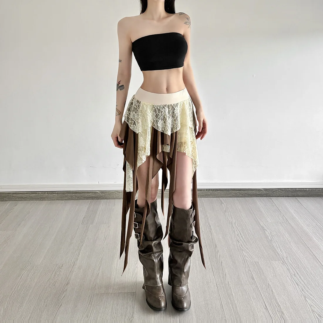 Hotsweet Girl Lace Fringe Skirt Y2k Aesthetic Cyber Grunge Irregular Mini Skirt Women 90s Vintage Fairy Coquette Short Skirt
