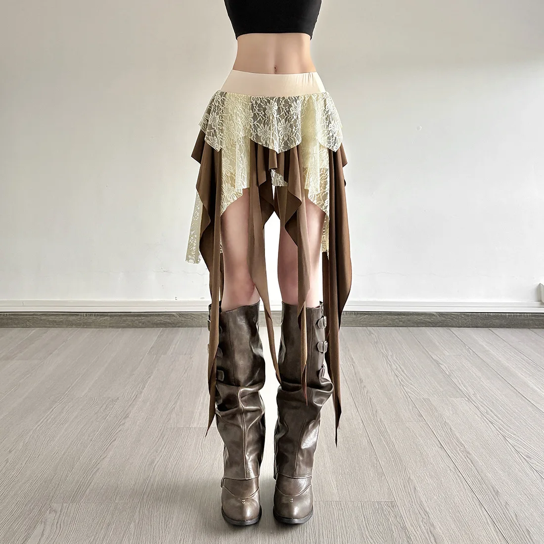 Hotsweet Girl Lace Fringe Skirt Y2k Aesthetic Cyber Grunge Irregular Mini Skirt Women 90s Vintage Fairy Coquette Short Skirt