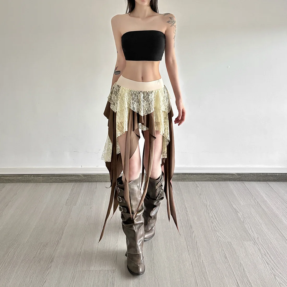 Hotsweet Girl Lace Fringe Skirt Y2k Aesthetic Cyber Grunge Irregular Mini Skirt Women 90s Vintage Fairy Coquette Short Skirt