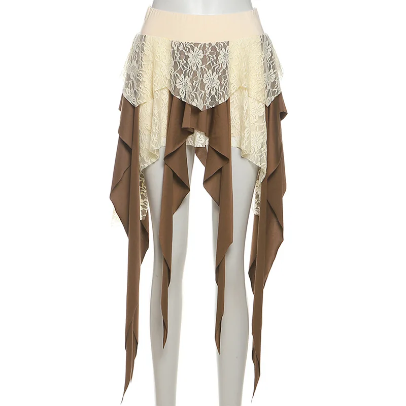 Hotsweet Girl Lace Fringe Skirt Y2k Aesthetic Cyber Grunge Irregular Mini Skirt Women 90s Vintage Fairy Coquette Short Skirt