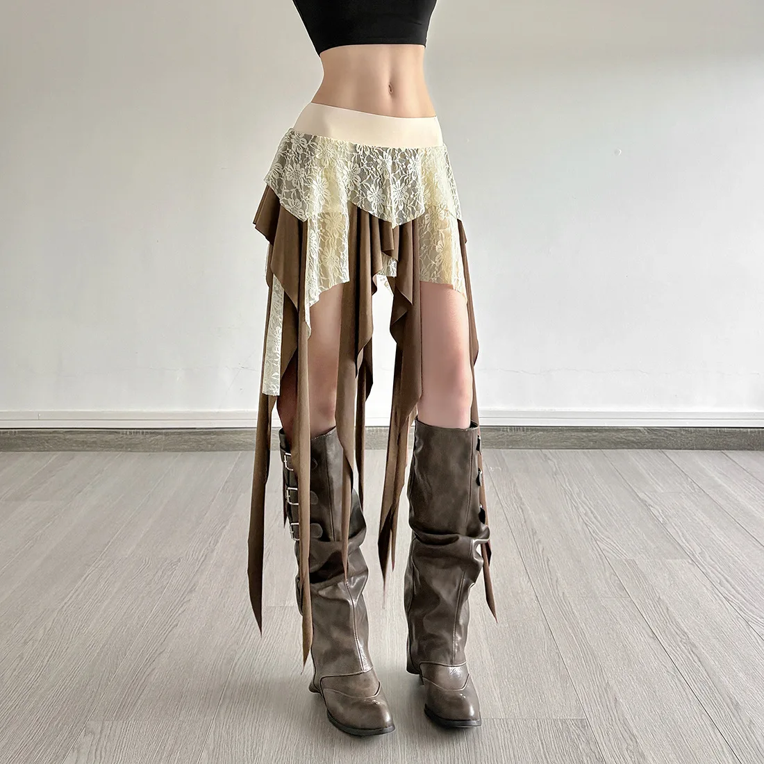 Hotsweet Girl Lace Fringe Skirt Y2k Aesthetic Cyber Grunge Irregular Mini Skirt Women 90s Vintage Fairy Coquette Short Skirt