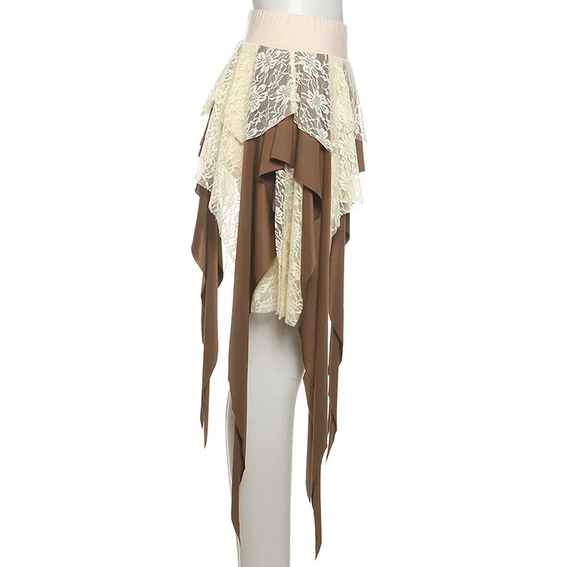 Hotsweet Girl Lace Fringe Skirt Y2k Aesthetic Cyber Grunge Irregular Mini Skirt Women 90s Vintage Fairy Coquette Short Skirt