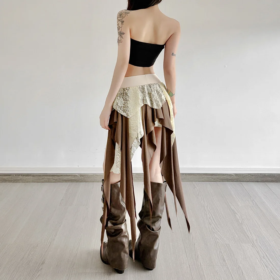 Hotsweet Girl Lace Fringe Skirt Y2k Aesthetic Cyber Grunge Irregular Mini Skirt Women 90s Vintage Fairy Coquette Short Skirt