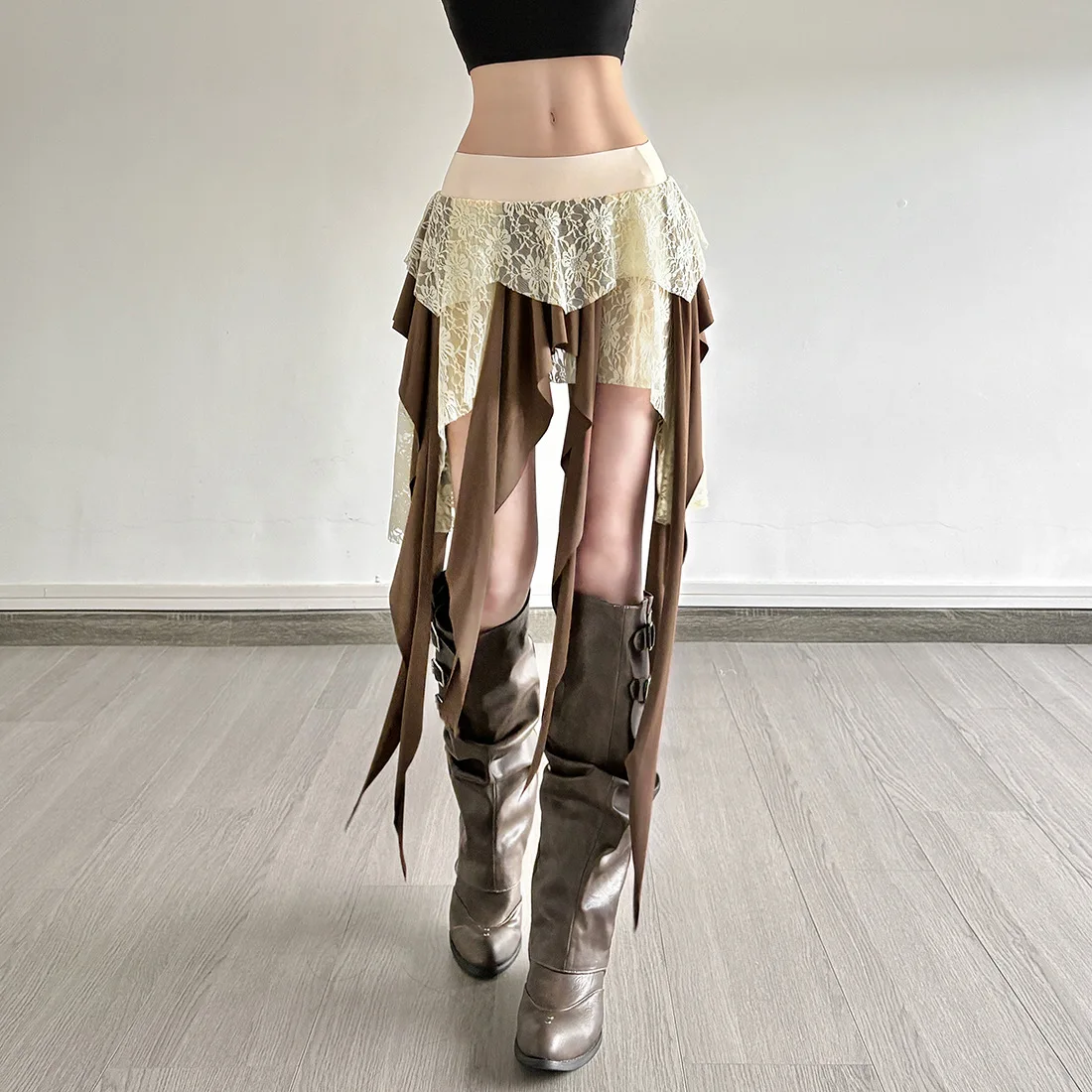 Hotsweet Girl Lace Fringe Skirt Y2k Aesthetic Cyber Grunge Irregular Mini Skirt Women 90s Vintage Fairy Coquette Short Skirt