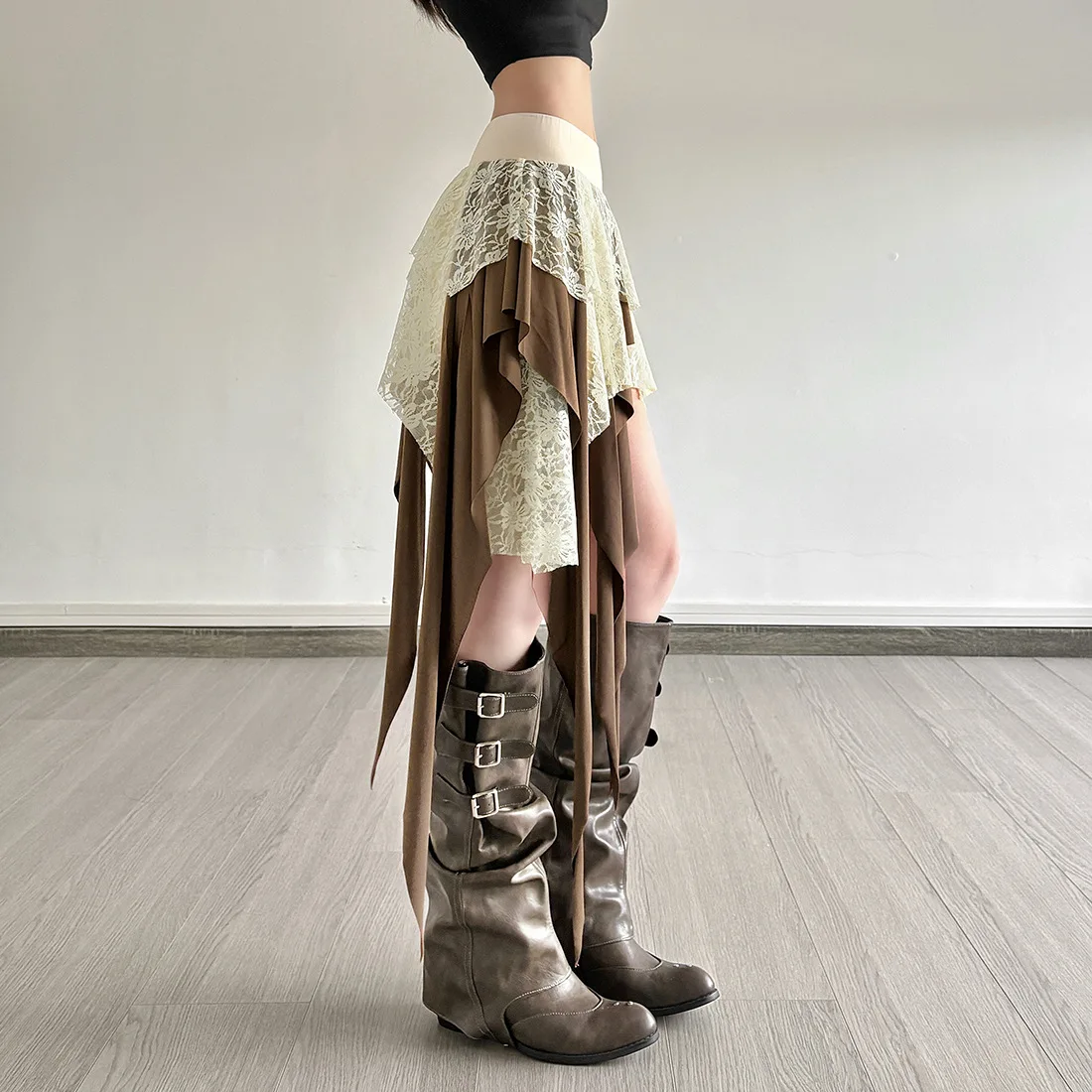 Hotsweet Girl Lace Fringe Skirt Y2k Aesthetic Cyber Grunge Irregular Mini Skirt Women 90s Vintage Fairy Coquette Short Skirt