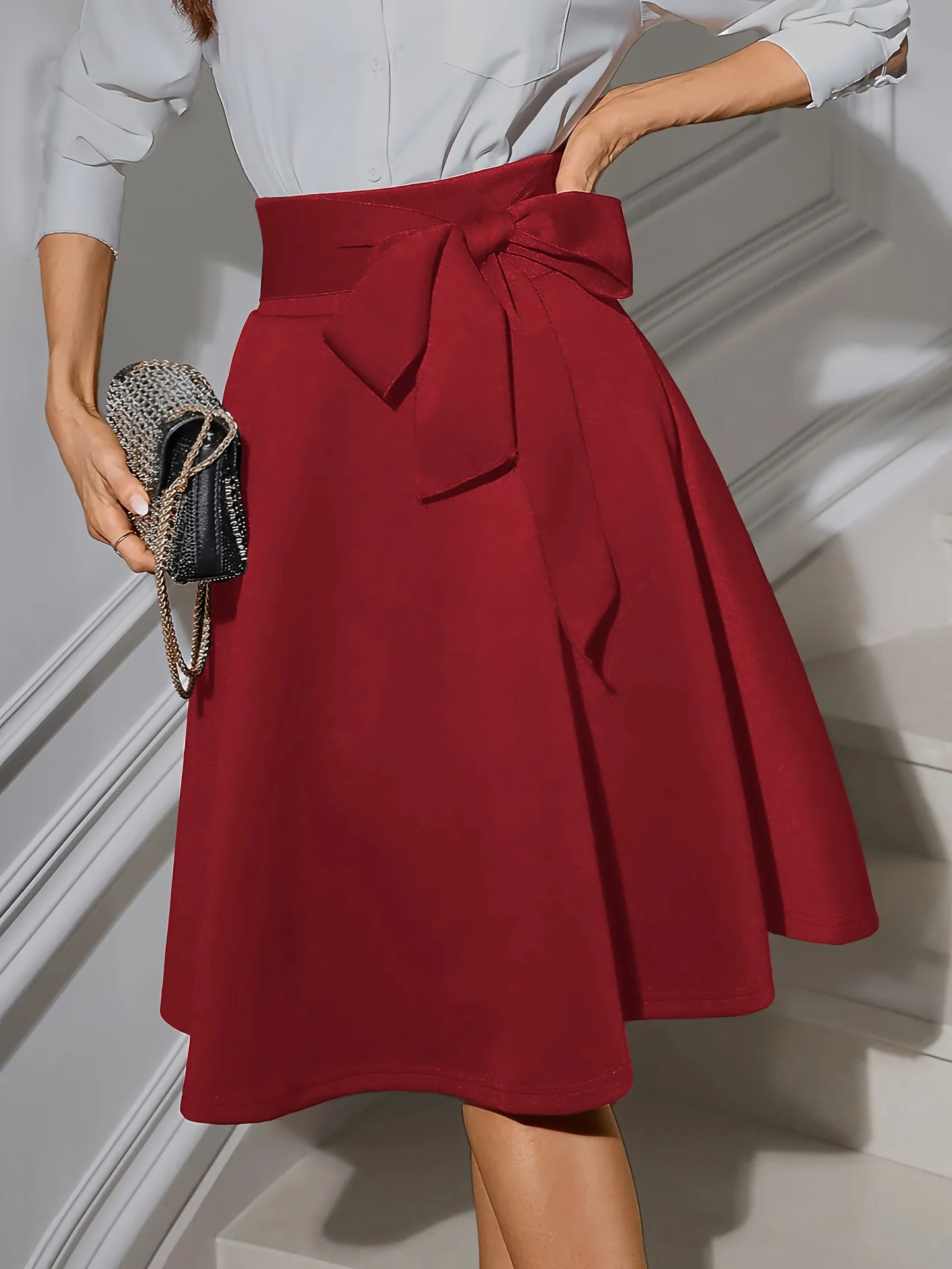 Fairyshely Casual Knitted Black Skirt Women 2026 Summer Lace-up High Waist Knee Skirt Ladies Elegant Solid A line Pleated Skirt