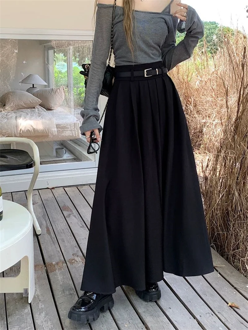Women High Waist Jupe Korean Pleating Swing Skirt Vintage Fashion 2024 Spring Office Falda Holiday Loose Solid Long Skirt