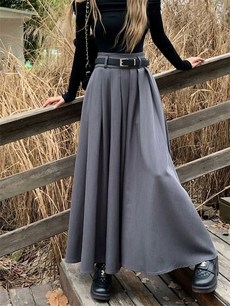 Women High Waist Jupe Korean Pleating Swing Skirt Vintage Fashion 2024 Spring Office Falda Holiday Loose Solid Long Skirt