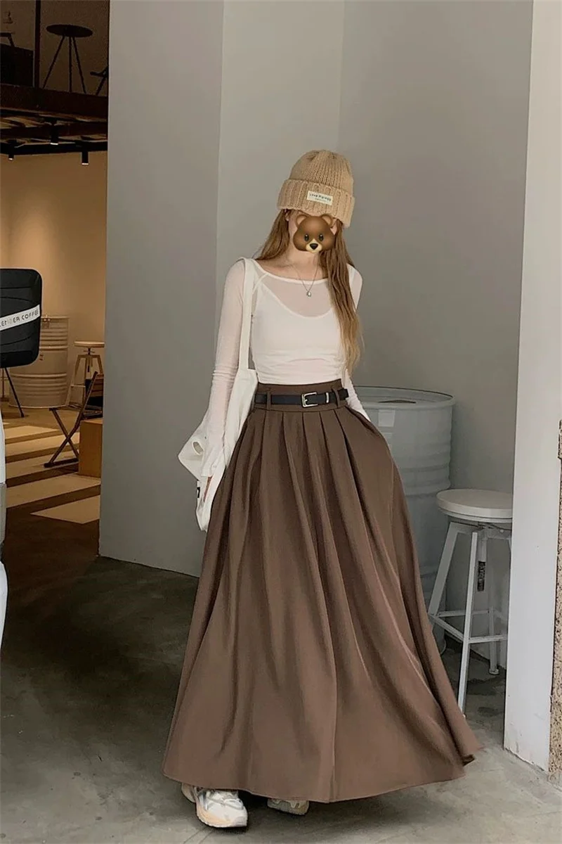 Women High Waist Jupe Korean Pleating Swing Skirt Vintage Fashion 2024 Spring Office Falda Holiday Loose Solid Long Skirt