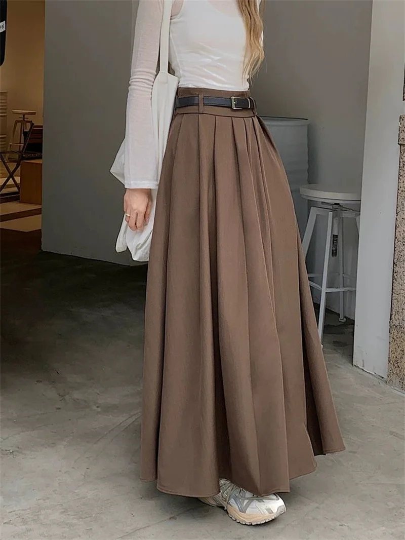 Women High Waist Jupe Korean Pleating Swing Skirt Vintage Fashion 2024 Spring Office Falda Holiday Loose Solid Long Skirt