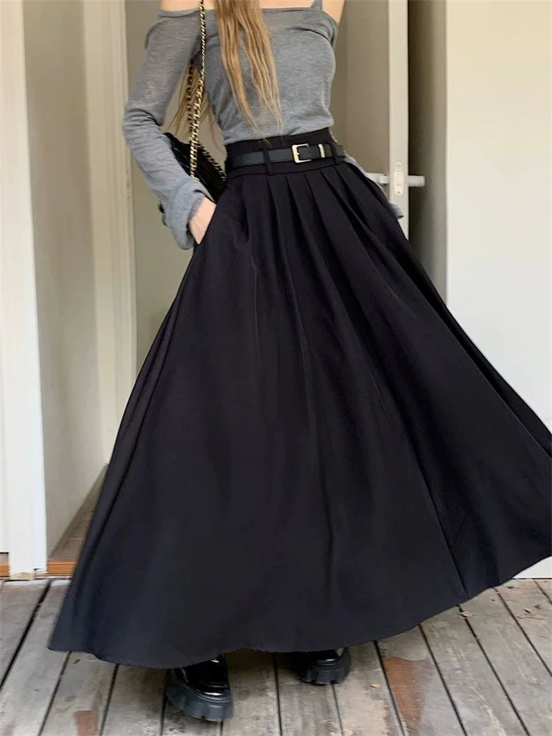 Women High Waist Jupe Korean Pleating Swing Skirt Vintage Fashion 2024 Spring Office Falda Holiday Loose Solid Long Skirt