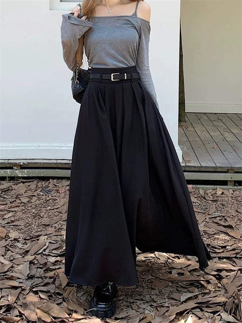 Women High Waist Jupe Korean Pleating Swing Skirt Vintage Fashion 2024 Spring Office Falda Holiday Loose Solid Long Skirt