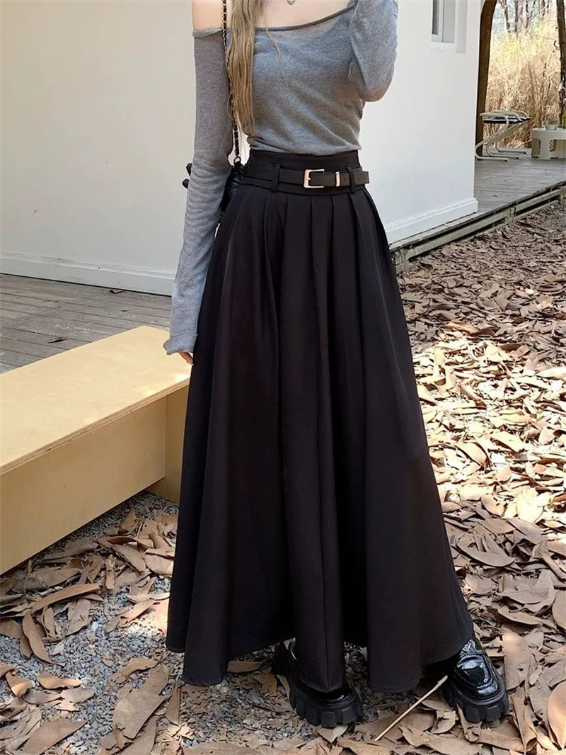Women High Waist Jupe Korean Pleating Swing Skirt Vintage Fashion 2024 Spring Office Falda Holiday Loose Solid Long Skirt