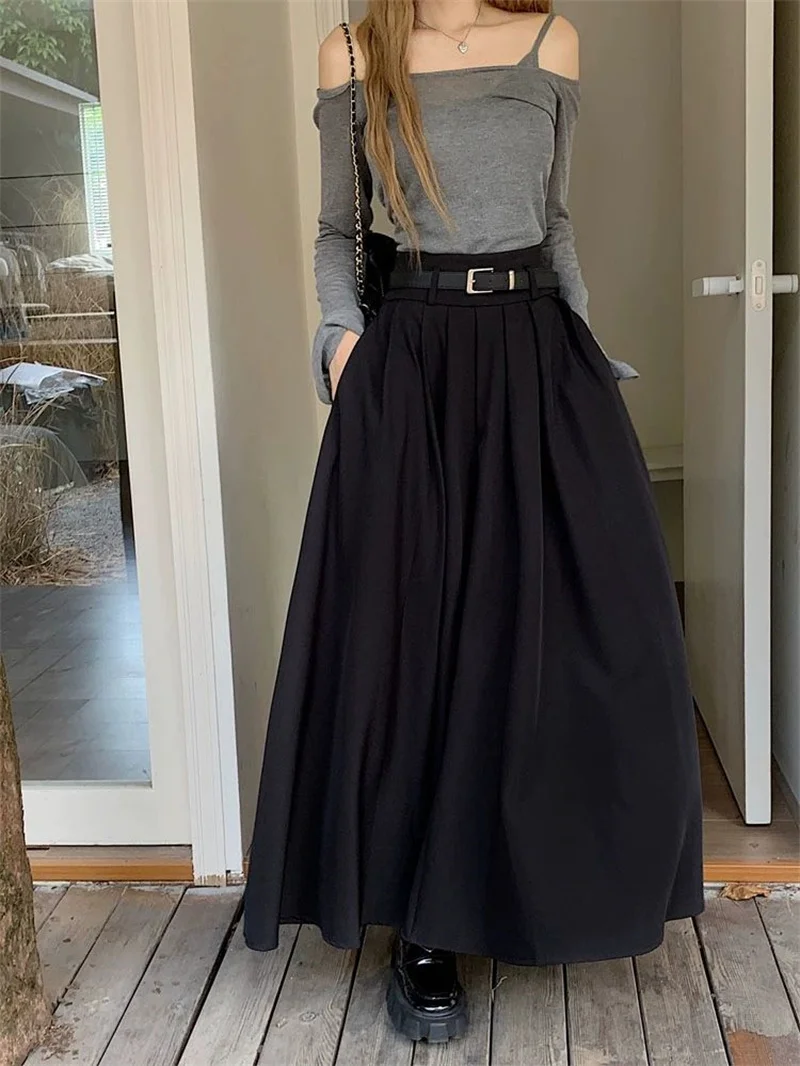 Women High Waist Jupe Korean Pleating Swing Skirt Vintage Fashion 2024 Spring Office Falda Holiday Loose Solid Long Skirt