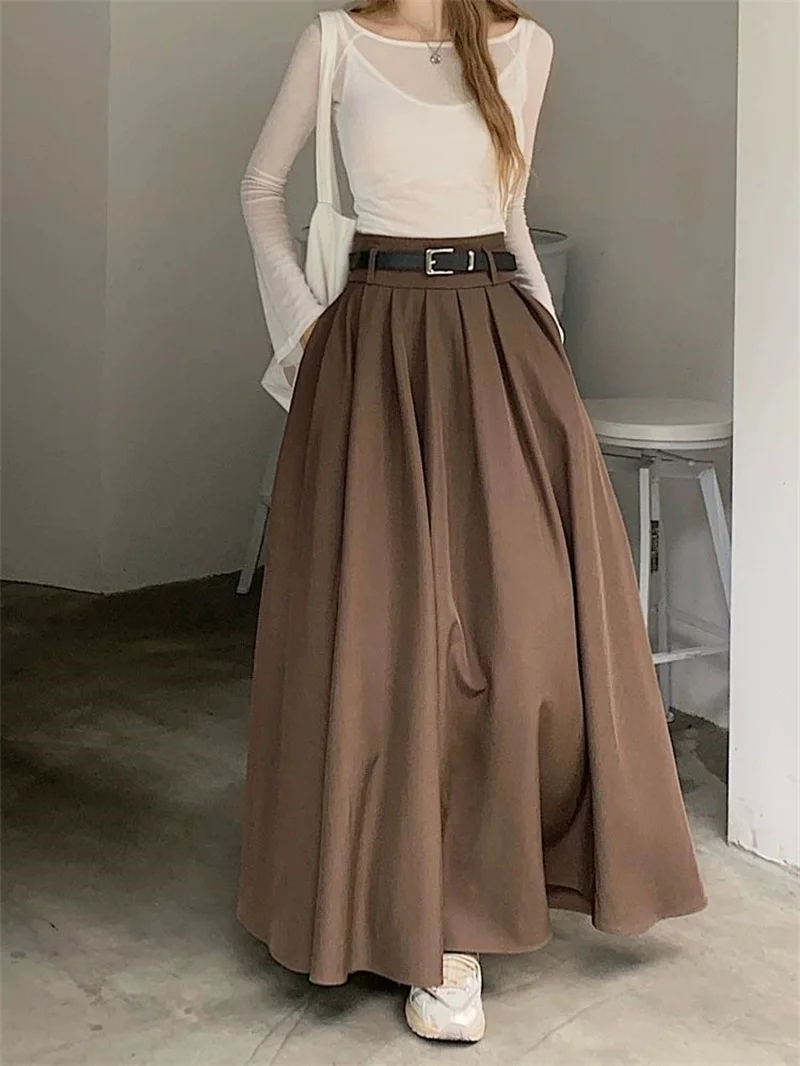 Women High Waist Jupe Korean Pleating Swing Skirt Vintage Fashion 2024 Spring Office Falda Holiday Loose Solid Long Skirt