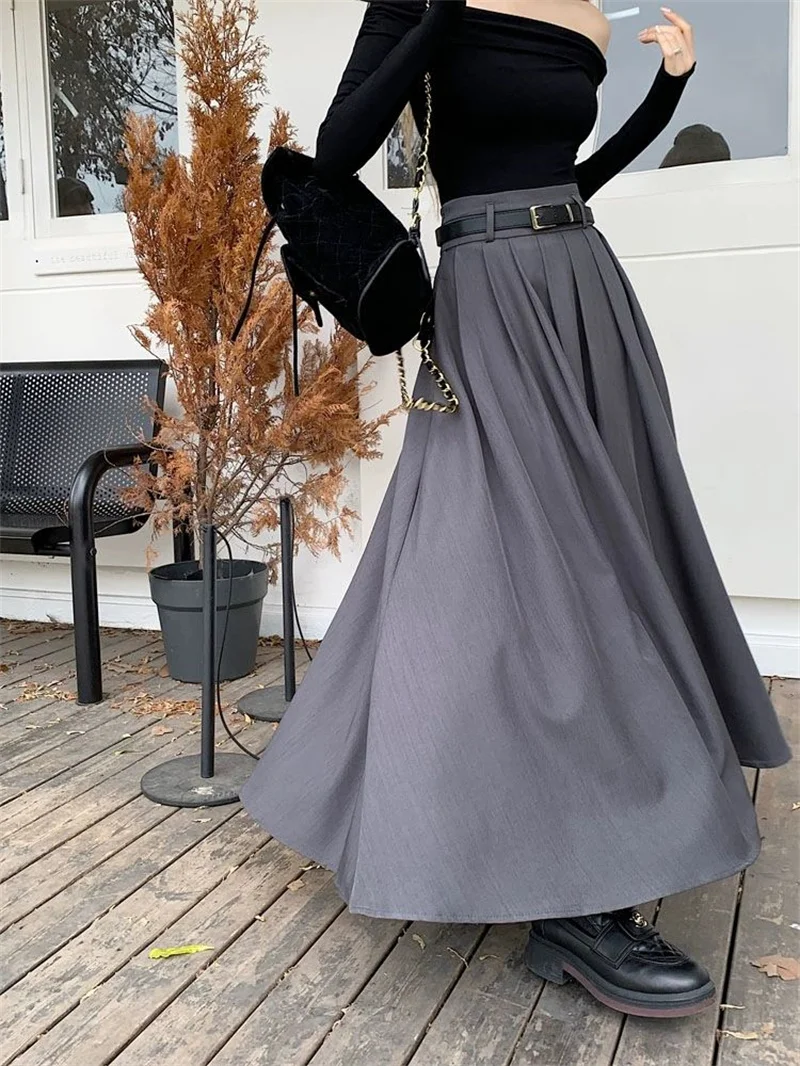 Women High Waist Jupe Korean Pleating Swing Skirt Vintage Fashion 2024 Spring Office Falda Holiday Loose Solid Long Skirt