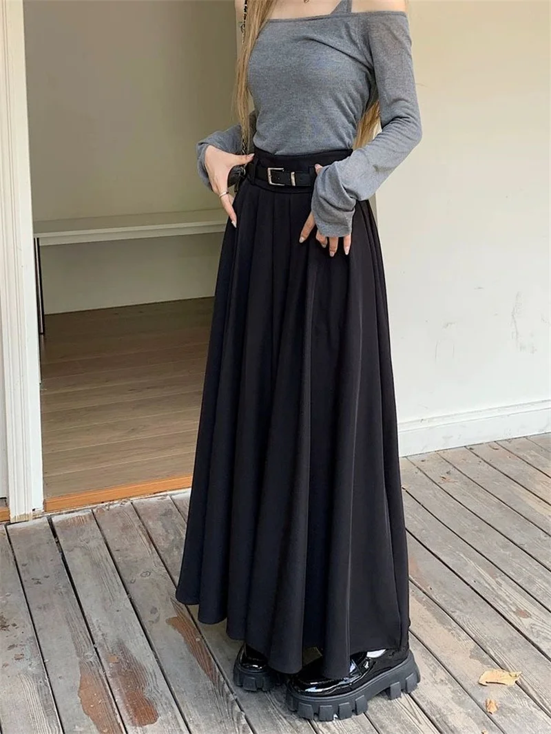 Women High Waist Jupe Korean Pleating Swing Skirt Vintage Fashion 2024 Spring Office Falda Holiday Loose Solid Long Skirt