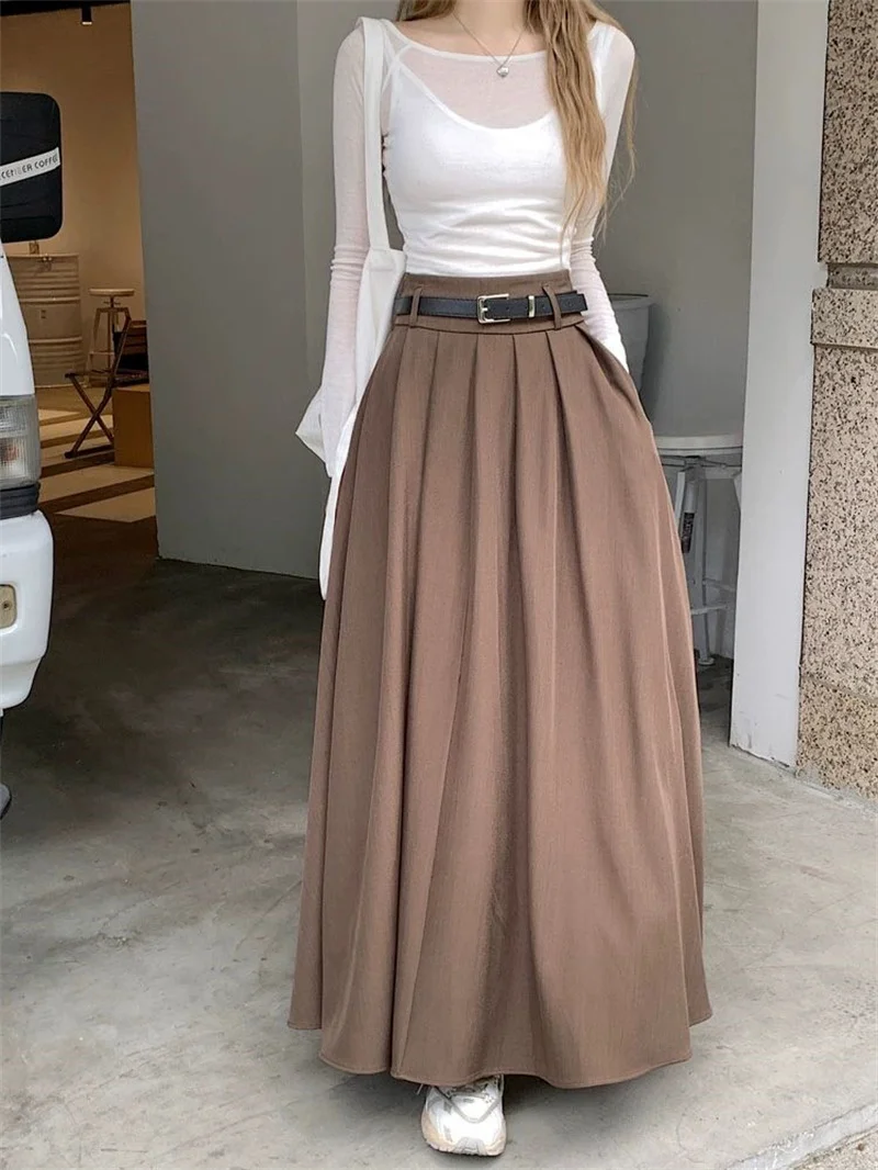Women High Waist Jupe Korean Pleating Swing Skirt Vintage Fashion 2024 Spring Office Falda Holiday Loose Solid Long Skirt