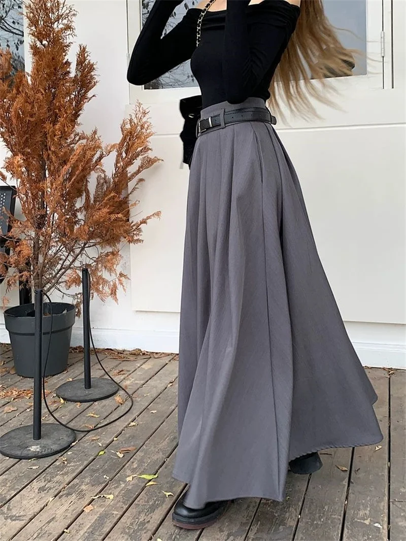 Women High Waist Jupe Korean Pleating Swing Skirt Vintage Fashion 2024 Spring Office Falda Holiday Loose Solid Long Skirt