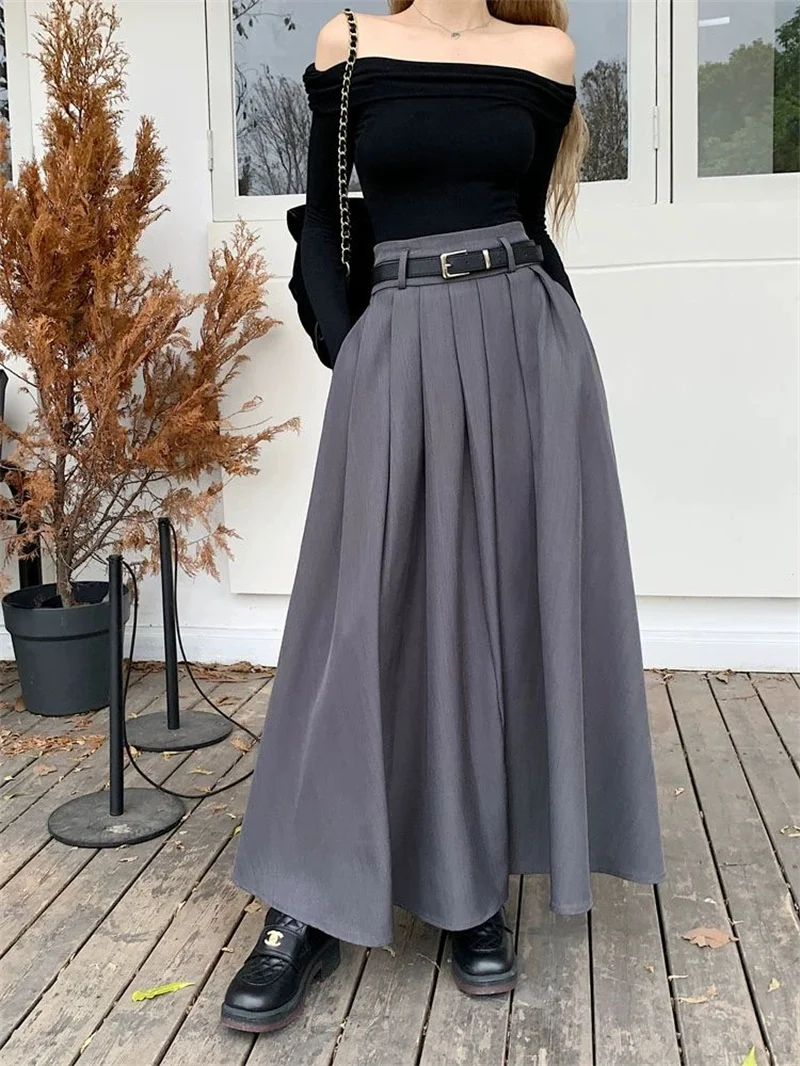 Women High Waist Jupe Korean Pleating Swing Skirt Vintage Fashion 2024 Spring Office Falda Holiday Loose Solid Long Skirt