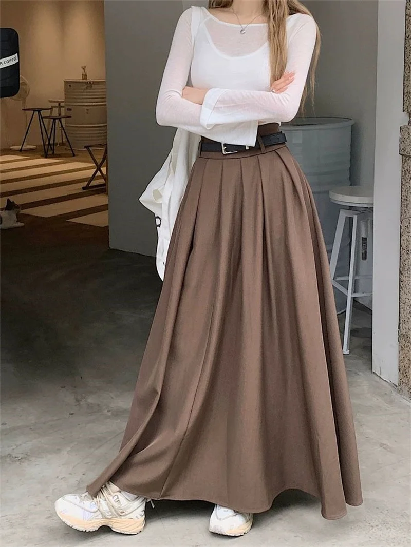 Women High Waist Jupe Korean Pleating Swing Skirt Vintage Fashion 2024 Spring Office Falda Holiday Loose Solid Long Skirt