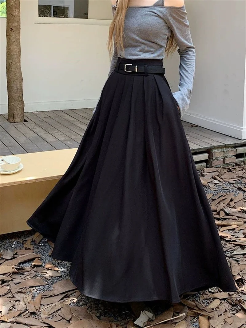 Women High Waist Jupe Korean Pleating Swing Skirt Vintage Fashion 2024 Spring Office Falda Holiday Loose Solid Long Skirt
