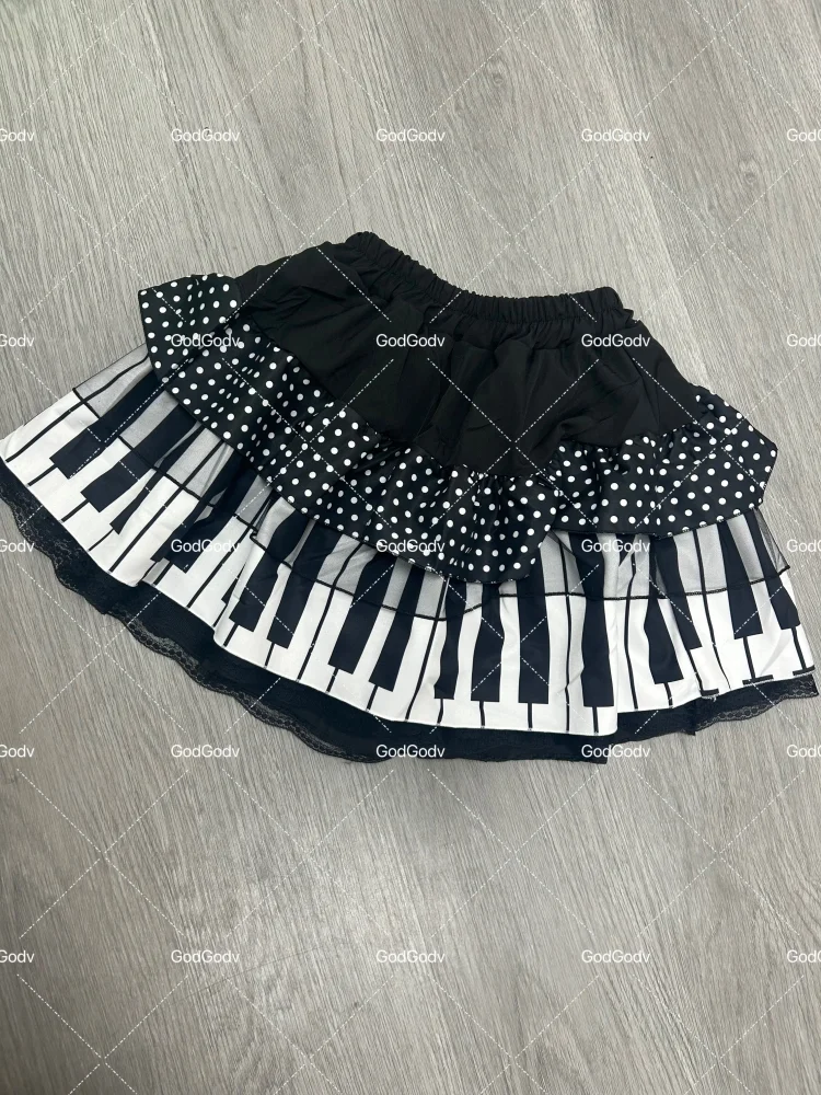 American Vintage Black White Piano Keys Skirts Y2k Slim Waist Ruched A-line Skirt Women 2026 Summer New Korea Style Chic Mujer