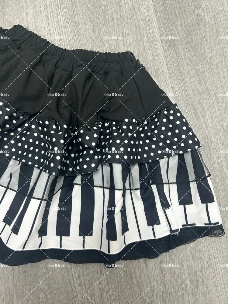 American Vintage Black White Piano Keys Skirts Y2k Slim Waist Ruched A-line Skirt Women 2026 Summer New Korea Style Chic Mujer