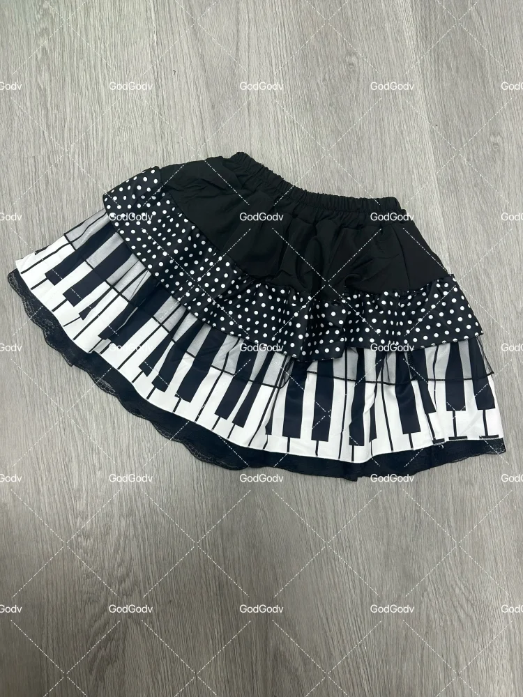American Vintage Black White Piano Keys Skirts Y2k Slim Waist Ruched A-line Skirt Women 2026 Summer New Korea Style Chic Mujer