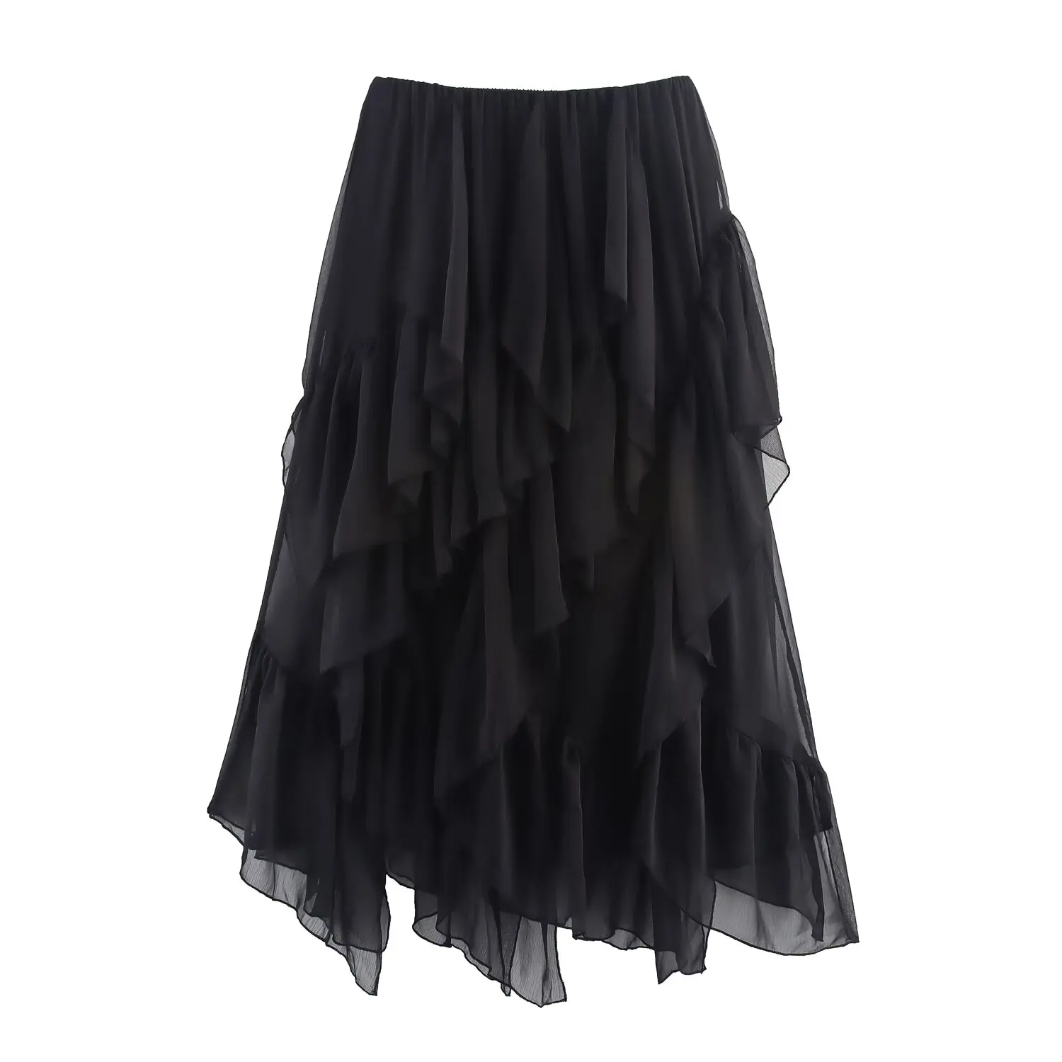 Topenomi Fairy Tierred Ruffled Skirt Women Summer Simple Solid Elastic Waist A-line Long SkirtsK Fashion Versatile Юбка