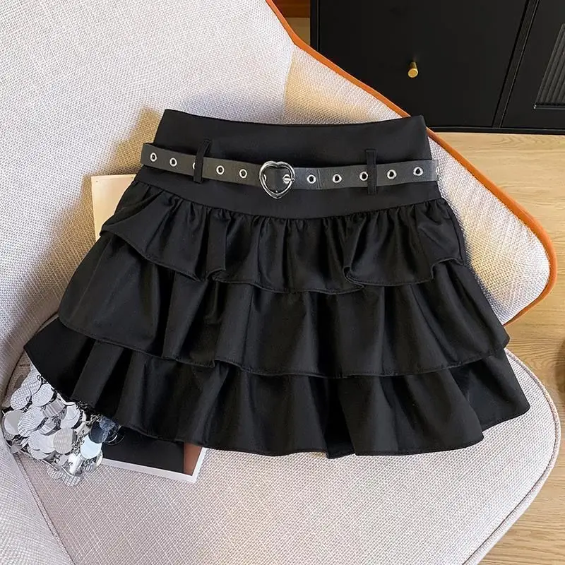 Belt Metal Chain Punk Mini Skirts for Women Summer High Waist Pleated Black Cake Skirt Woman Streetwear A Line Short Skirt Mujer