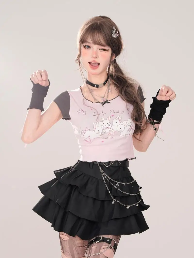 Belt Metal Chain Punk Mini Skirts for Women Summer High Waist Pleated Black Cake Skirt Woman Streetwear A Line Short Skirt Mujer