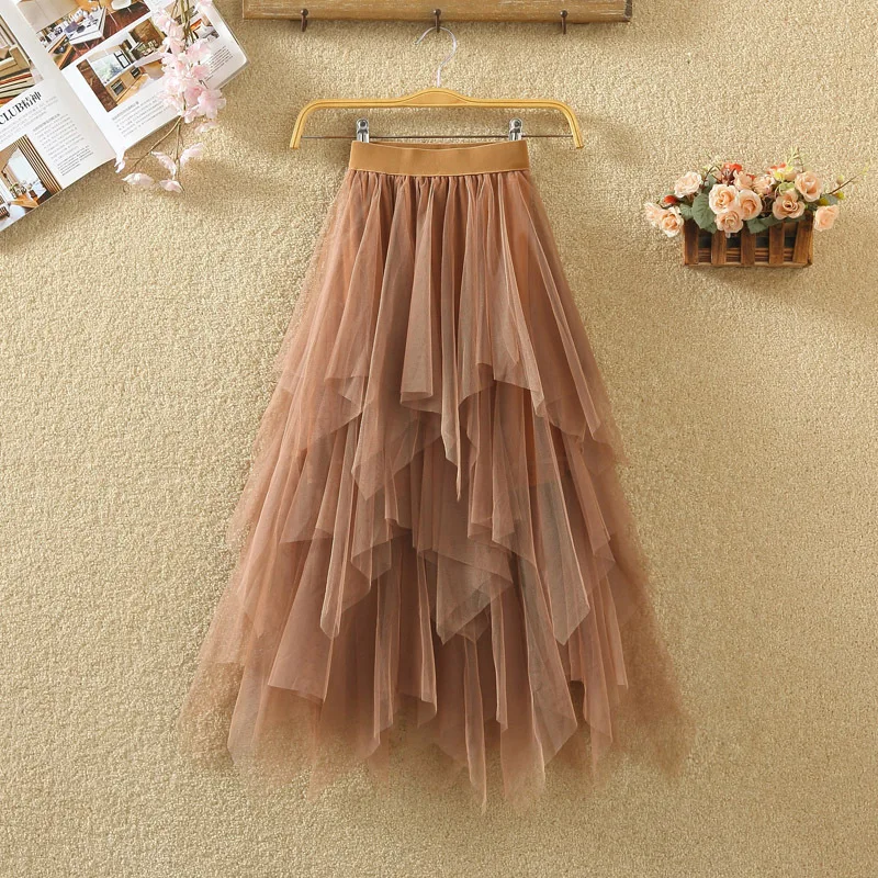 Women Irregular Tulle Skirts Fashion Elastic High Waist Mesh Tutu Skirt Pleated Long Skirts Midi Skirt Saias Faldas Jupe Femmle