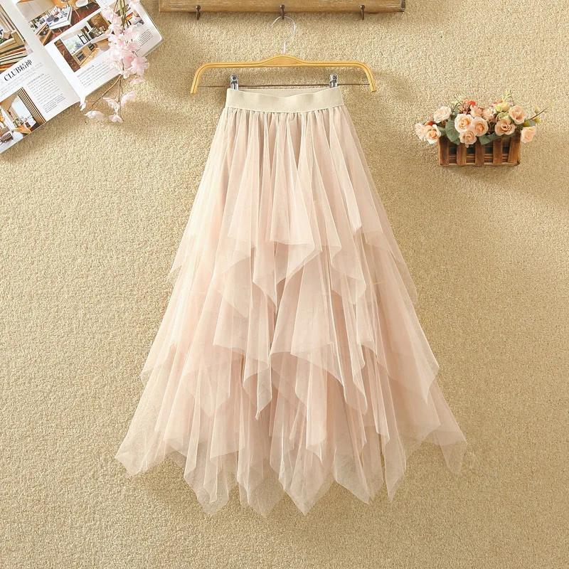 Women Irregular Tulle Skirts Fashion Elastic High Waist Mesh Tutu Skirt Pleated Long Skirts Midi Skirt Saias Faldas Jupe Femmle