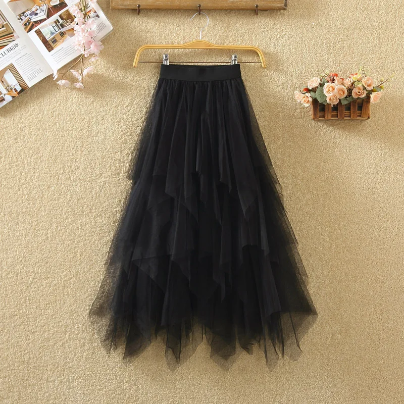 Women Irregular Tulle Skirts Fashion Elastic High Waist Mesh Tutu Skirt Pleated Long Skirts Midi Skirt Saias Faldas Jupe Femmle