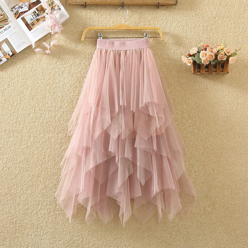 Women Irregular Tulle Skirts Fashion Elastic High Waist Mesh Tutu Skirt Pleated Long Skirts Midi Skirt Saias Faldas Jupe Femmle