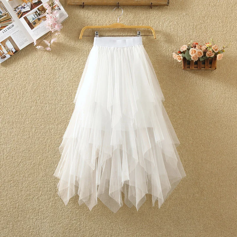 Women Irregular Tulle Skirts Fashion Elastic High Waist Mesh Tutu Skirt Pleated Long Skirts Midi Skirt Saias Faldas Jupe Femmle