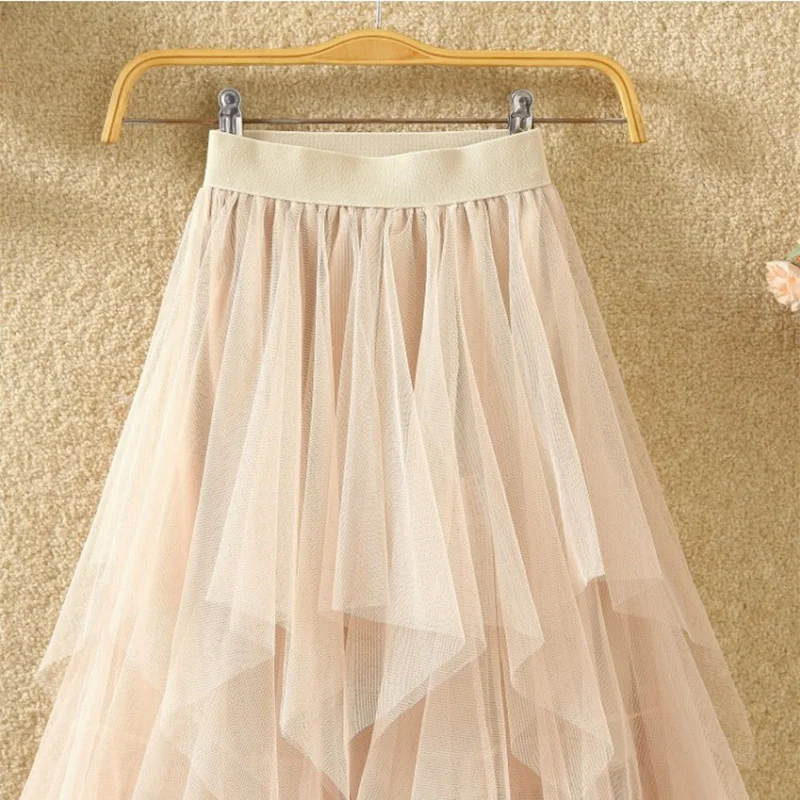 Women Irregular Tulle Skirts Fashion Elastic High Waist Mesh Tutu Skirt Pleated Long Skirts Midi Skirt Saias Faldas Jupe Femmle