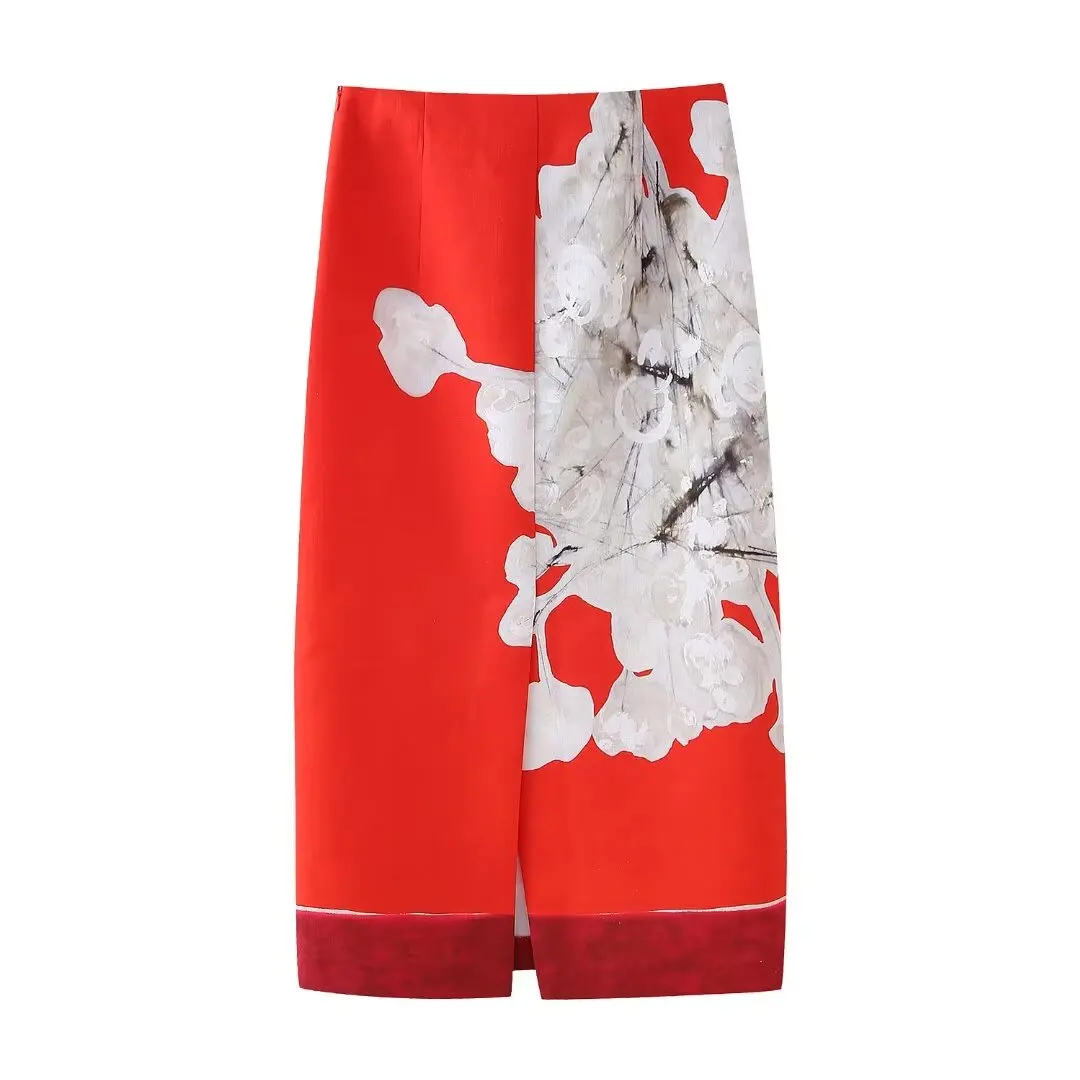 HH Summer Female Elegant Skirt Print Mid-Waist Causal Holiday Style Straight Slit Zipper A-Line Fashion Retro Skirts
