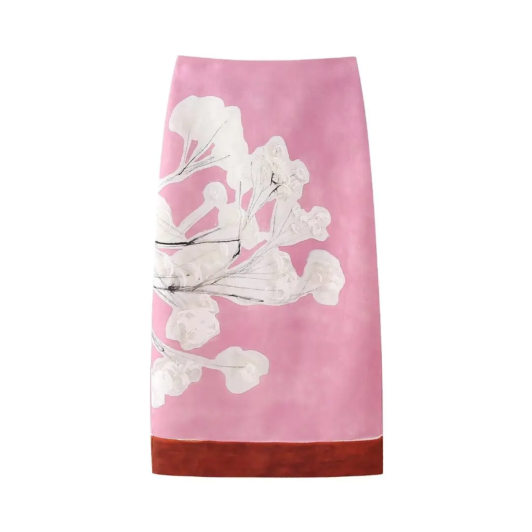 HH Summer Female Elegant Skirt Print Mid-Waist Causal Holiday Style Straight Slit Zipper A-Line Fashion Retro Skirts