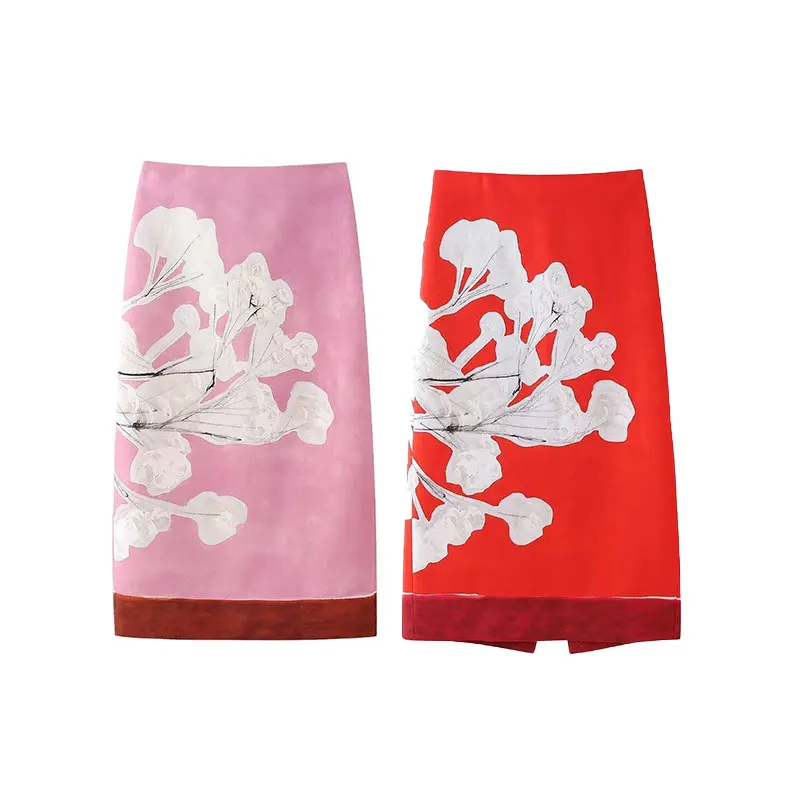 HH Summer Female Elegant Skirt Print Mid-Waist Causal Holiday Style Straight Slit Zipper A-Line Fashion Retro Skirts