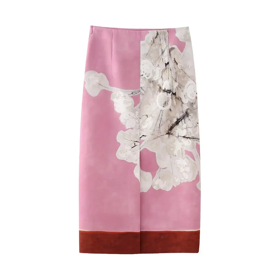 HH Summer Female Elegant Skirt Print Mid-Waist Causal Holiday Style Straight Slit Zipper A-Line Fashion Retro Skirts