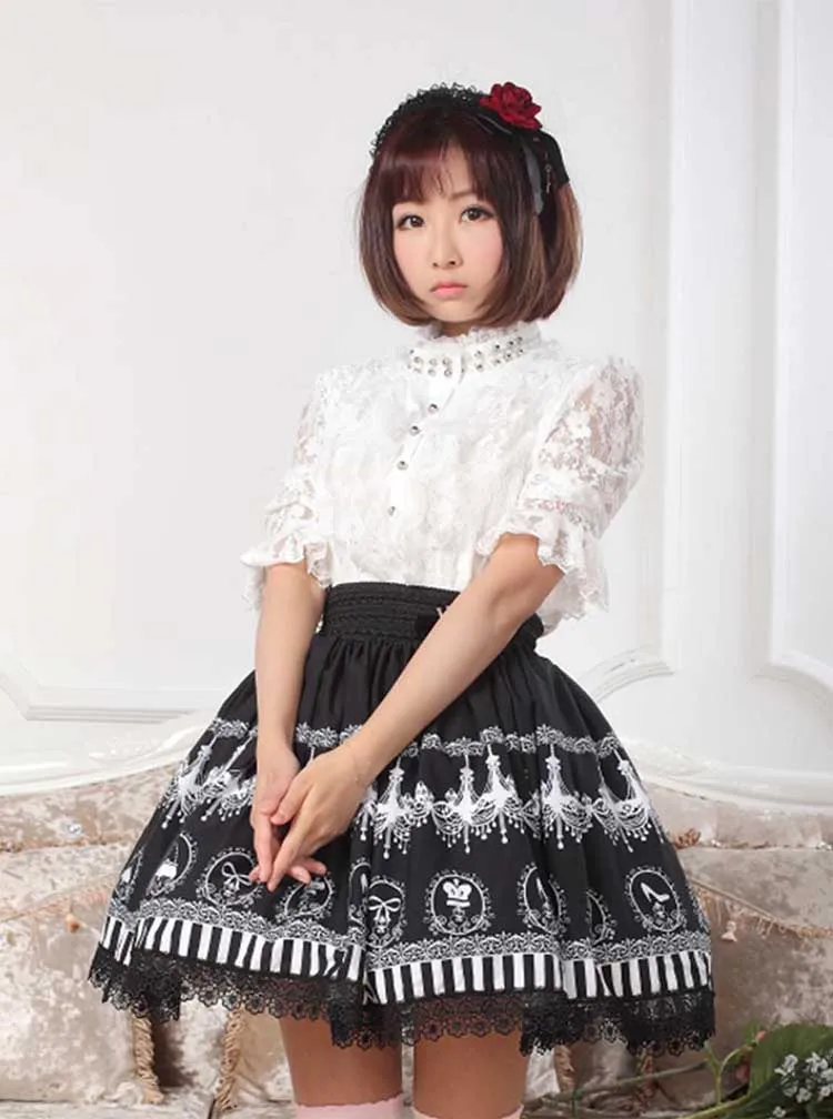 Black Chandelier Printed Fairy Tale Themed Lady's Pleated Lolita Skirt