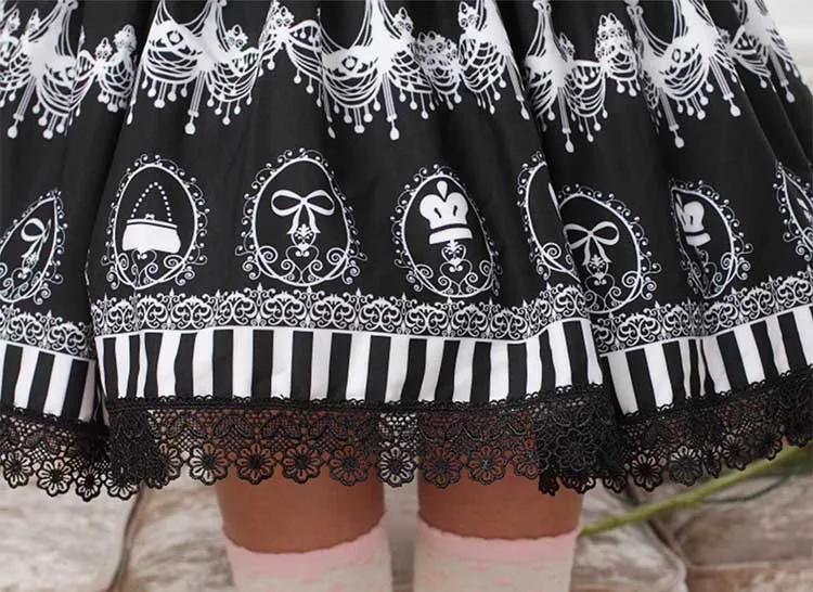 Black Chandelier Printed Fairy Tale Themed Lady's Pleated Lolita Skirt