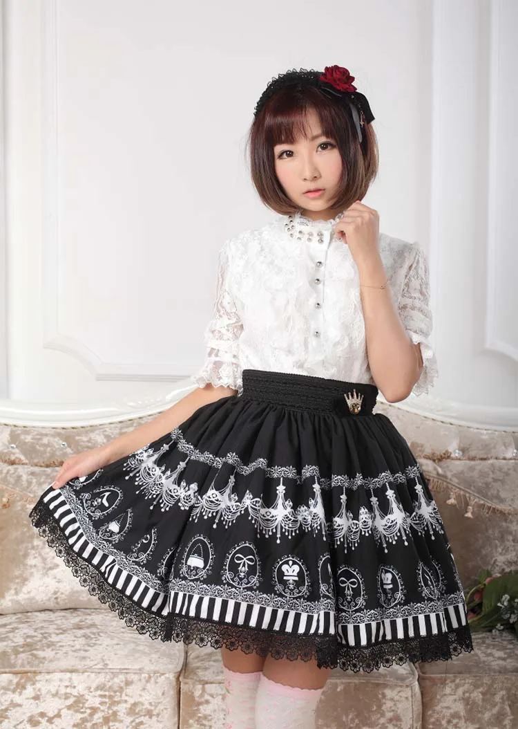 Black Chandelier Printed Fairy Tale Themed Lady's Pleated Lolita Skirt