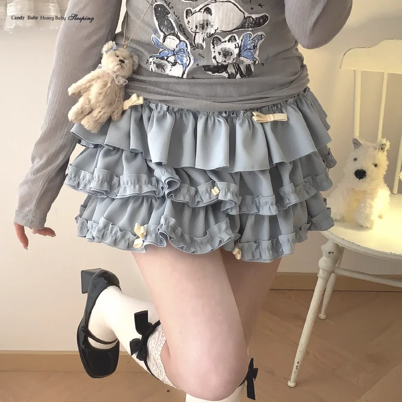 Y2K Sweet Ruffles Mini Skirt Women Kawaii Lolita Bow A Line Skirts Harajuku Japanese Cute High Waist Pink Blue Cake Skirt