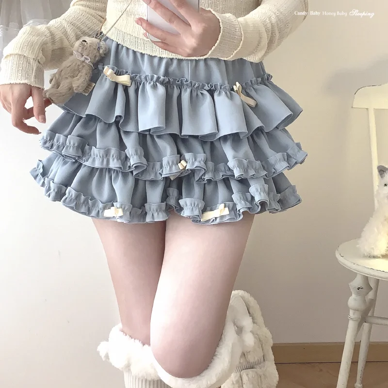 Y2K Sweet Ruffles Mini Skirt Women Kawaii Lolita Bow A Line Skirts Harajuku Japanese Cute High Waist Pink Blue Cake Skirt