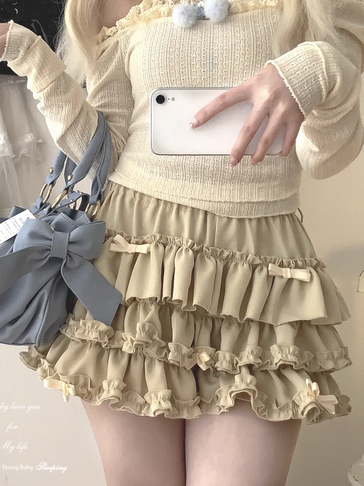 Y2K Sweet Ruffles Mini Skirt Women Kawaii Lolita Bow A Line Skirts Harajuku Japanese Cute High Waist Pink Blue Cake Skirt